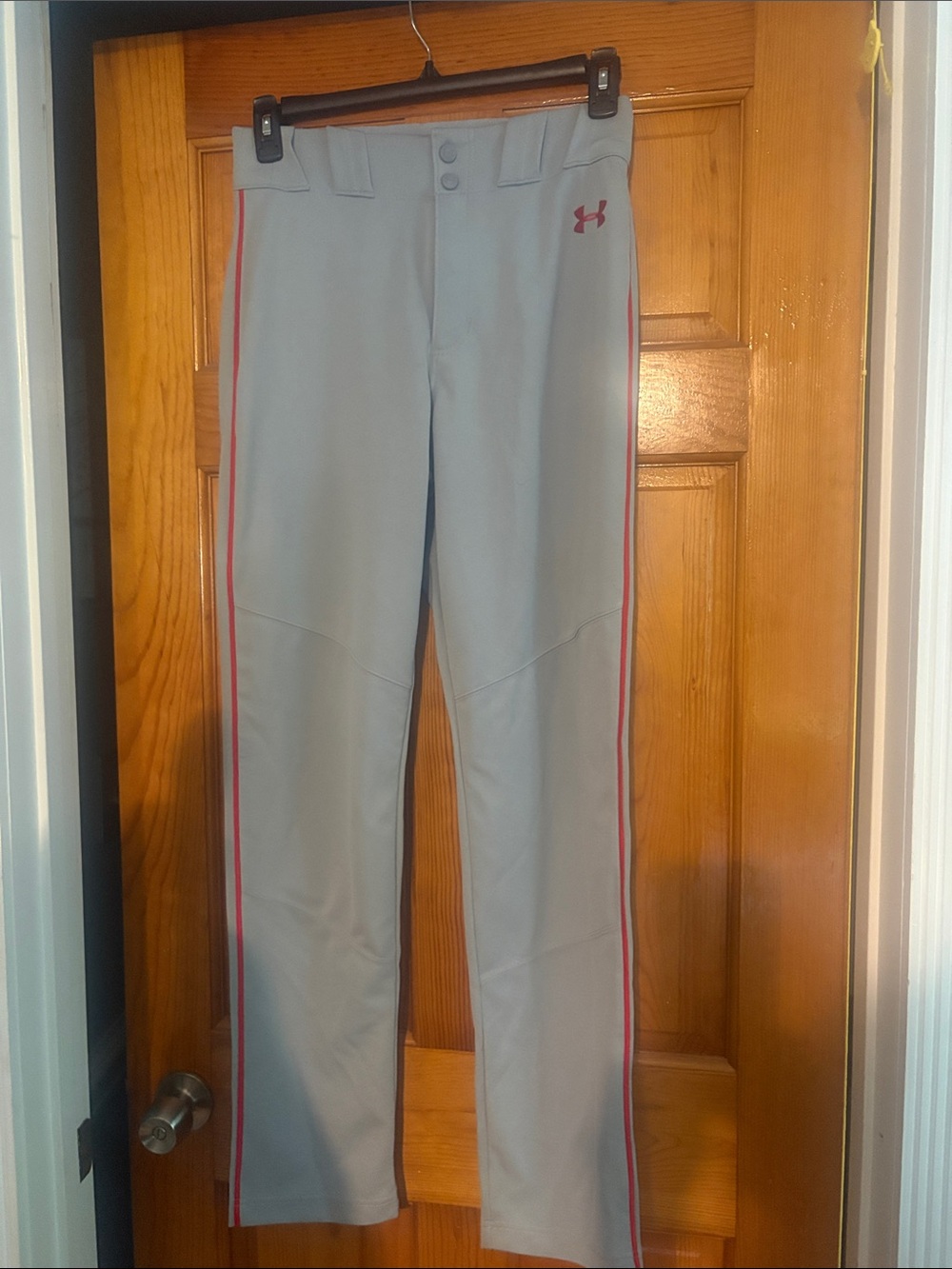 M Under Armour Light Gray baseball pants with red Side Stripe